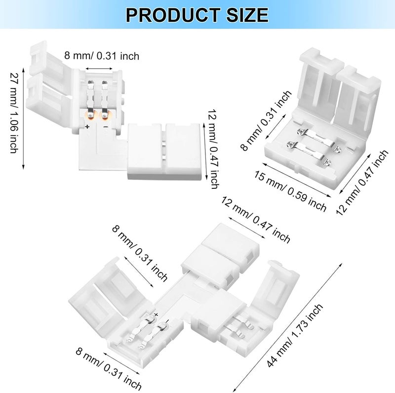 Mudder 40 Pieces 2 Pin LED Strip Connectors Lights Connector T Shape l Shape Gapless Solderless LED Adapter Light Extension for 3528 2835 SMD RGB Strip (8 Mm) - Image 2